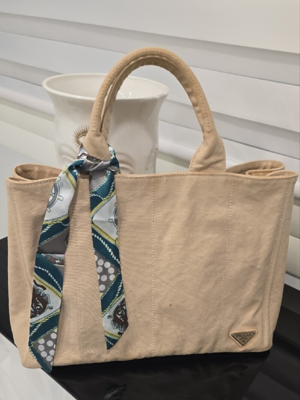 Prada Light Beige Canvas Denim Tote with Top Handles - Picture 4 of 16